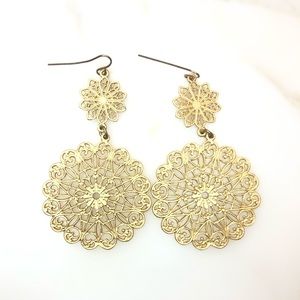 Gold Mandala Earrings Costume Matte Gold Brass Dangly Earrings